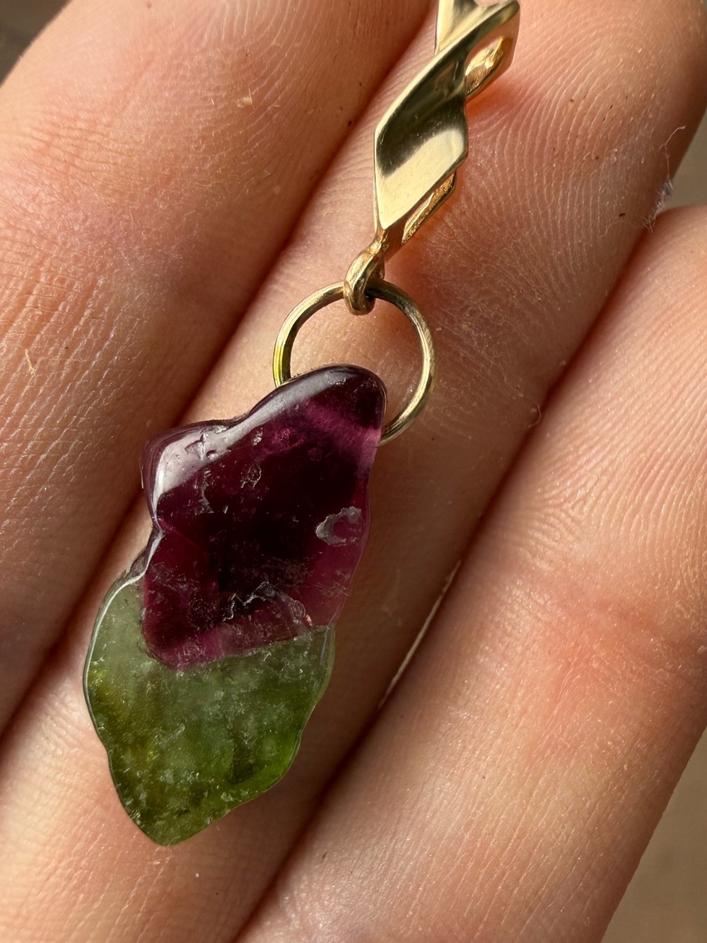 Solid 14k yellow gold genuine watermelon tourmaline pendant handmade - Picture 11 of 12